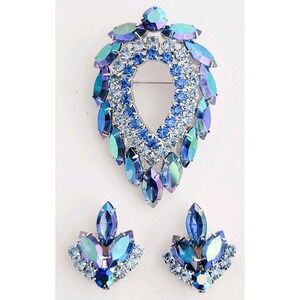 Juliana D&E made for Sarah Cov Blue Lagoon Brooch & Earrings Vintage Bling Glam